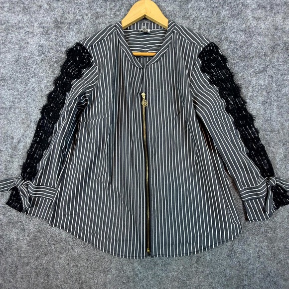 Anne Klein Tops - Anne Klein Blouse Womens Small Black White Office Goth Full Zip Lace Trim Bows